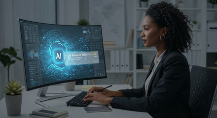 Businesswoman Analyzes AI Data on Curved Monitor in Modern Office, AI-Powered Solutions for Business Efficiency and Innovation