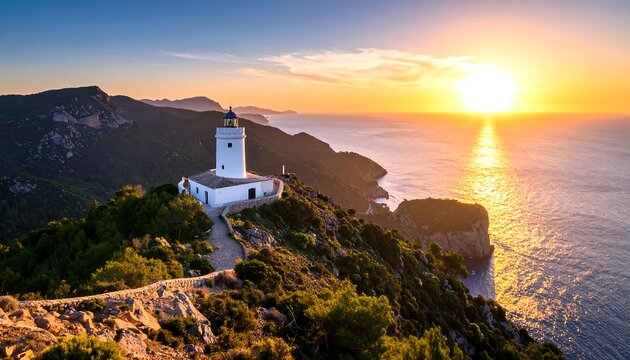 Spectacular sunset view over the ocean featuring the iconic Capdepera lighthouse