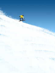 Collage template of snowboarder in yellow jacket jumping off bright snowy slope under blue sky....