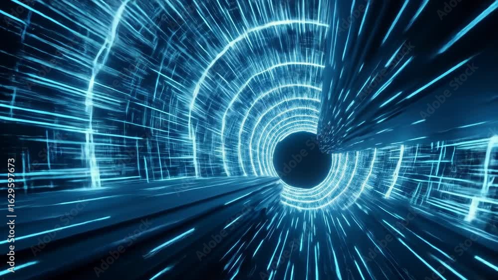Poster abstract blue tunnel with light beams representing data flow and futuristic technology visual with m