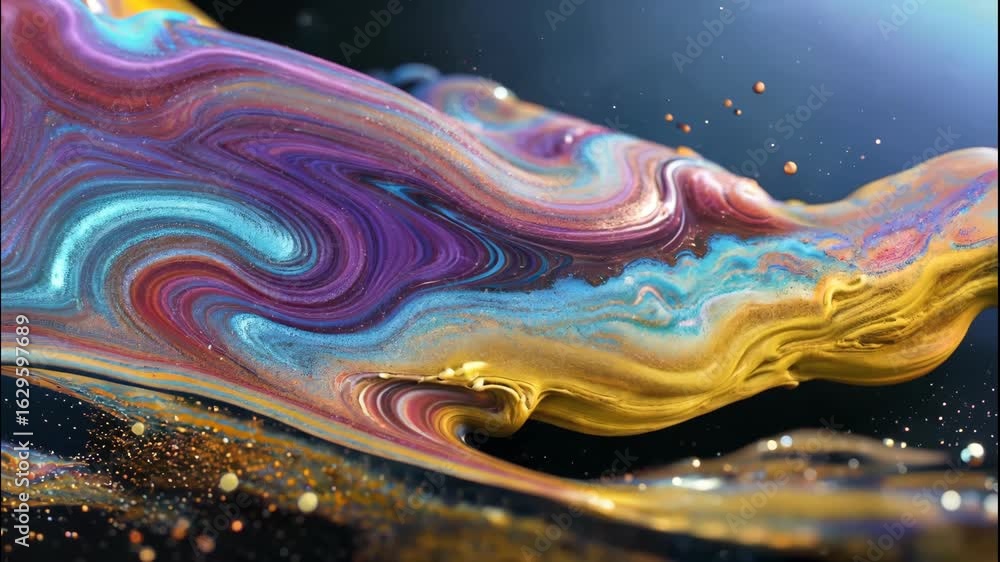 Poster dynamic fluid paint swirls with glitter particles in vibrant hues creating an elegant abstract motio