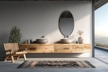 Modern, light-filled bathroom with wooden vanity and mountain view