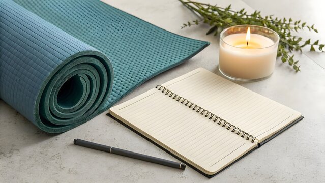 Yoga mat journal pen and candle for a peaceful wellness routine