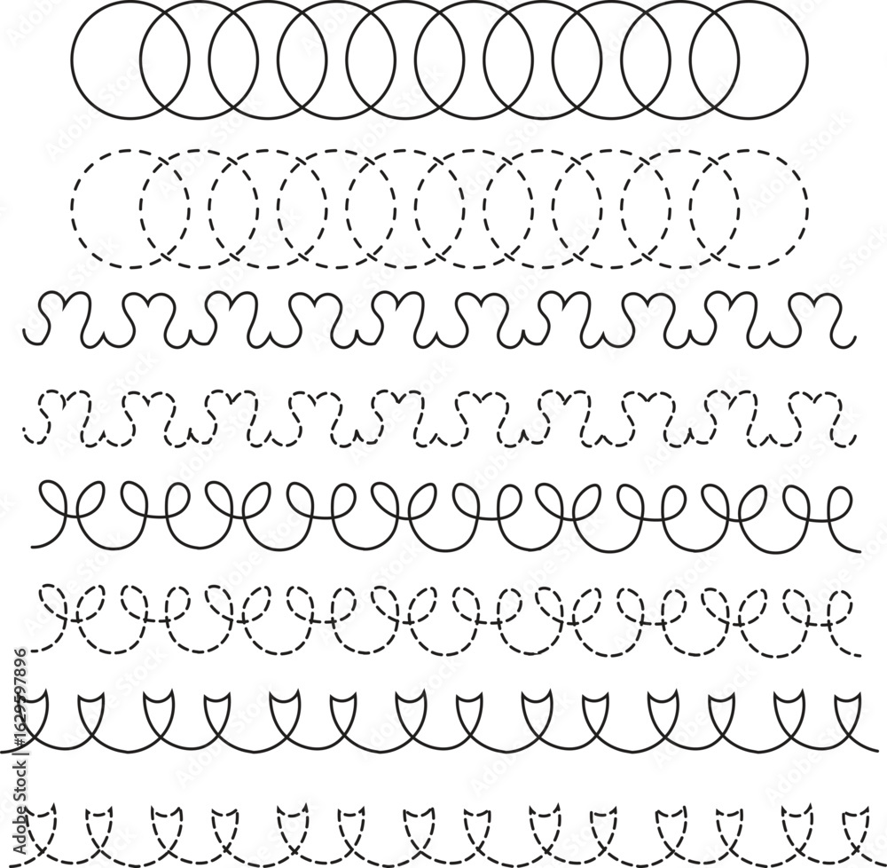 Aufkleber set of wavy and curvy dashed line vector design. wiggly sketchy dash lines. dotted squiggle loop str