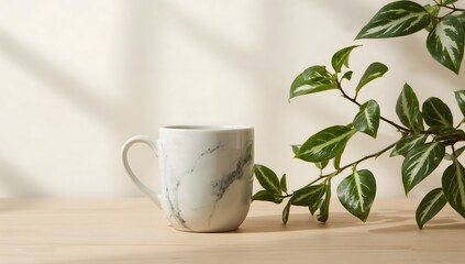 Cozy morning coffee mug with natural light and greenery