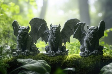 Three winged gargoyle statues sit on moss, in a mystical forest setting.