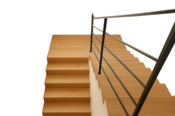 Modern wooden stairs with black metal rail on gray transparent background