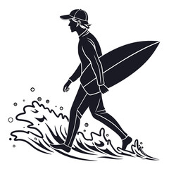 Silhouette of a surfer in a wetsuit carrying a surfboard walking through waves