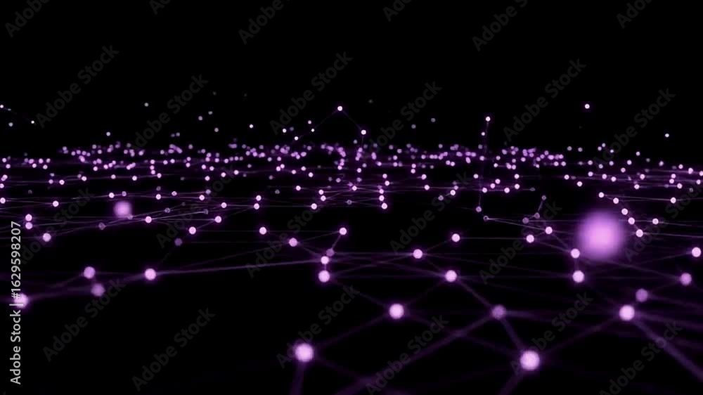 Poster abstract grid of purple dots connected by lines on a black backdrop