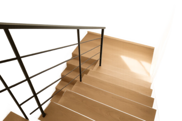 Perspective view of wooden stairs with black railing and sunlight shadow on transparent gray background