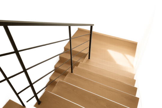 Perspective view of wooden stairs with black railing and sunlight shadow on transparent gray background