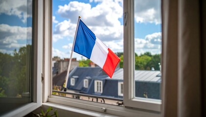 The French tricolor flag is displayed in an open window, overlooking city rooftops under a bright, cloudy blue sky.