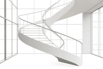 White spiral stairs with curved railing in futuristic architectural interior on transparent background