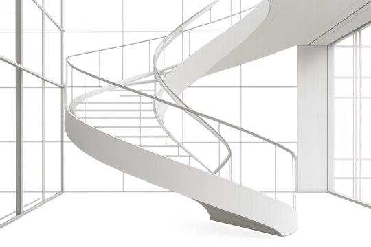White spiral stairs with curved railing in futuristic architectural interior on transparent background