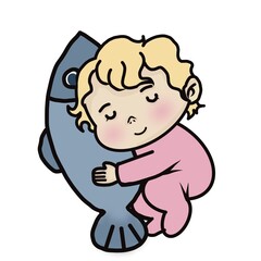 Adorable cartoon of a sleeping baby girl cuddling a big fish , drawn in a cute and colorful chibi style.