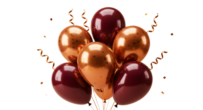 Shiny copper and burgundy balloons bunch with curled ribbons, party decoration, festive and elegant celebration accessory perfect for birthdays
