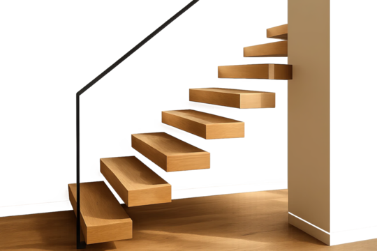 Cantilever wooden stairs with metal rail attached to wall on transparent gray background