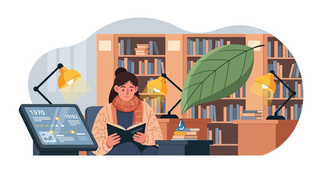 Illustration depicting reading, research, and environmental awareness in a library setting