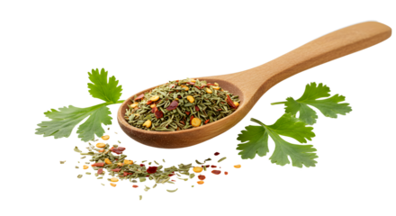 Wooden spoon filled with mixed dried herbs and spices with fresh green parsley leaves isolated on white background, perfect for culinary or cooking themes