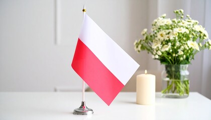 A small Polish flag stands on a white table next to a lit candle and a vase of white flowers.