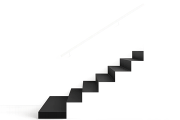 Minimalist black stairs with slim white rail on gray transparent background