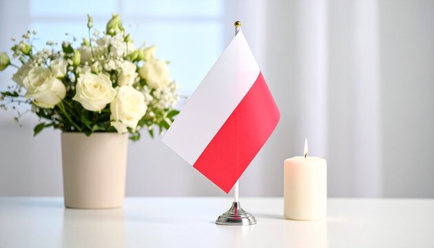 A small Polish flag on a white table with a bouquet of white flowers and a lit memorial candle.
