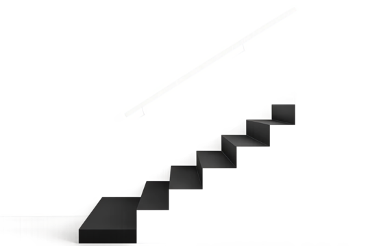 Minimalist black stairs with slim white rail on gray transparent background