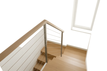 Modern corner wooden stairs with metal cable railing and window reflection on gray transparent background