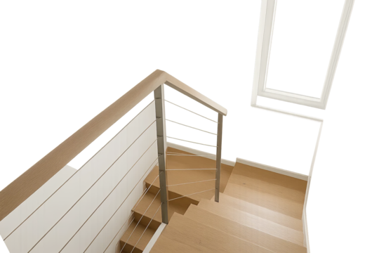 Modern corner wooden stairs with metal cable railing and window reflection on gray transparent background - Powered by Adobe