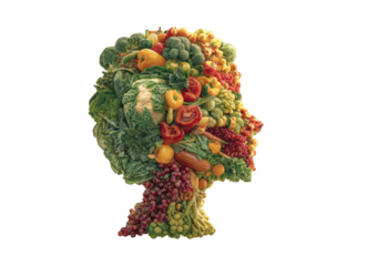 A creative head profile made of fresh fruits and vegetables, including apples, tomatoes, broccoli, grapes, and oranges, isolated on transparent background