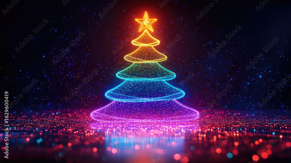 Poster futuristic neon christmas tree on glowing background with empty space for text or product display, p