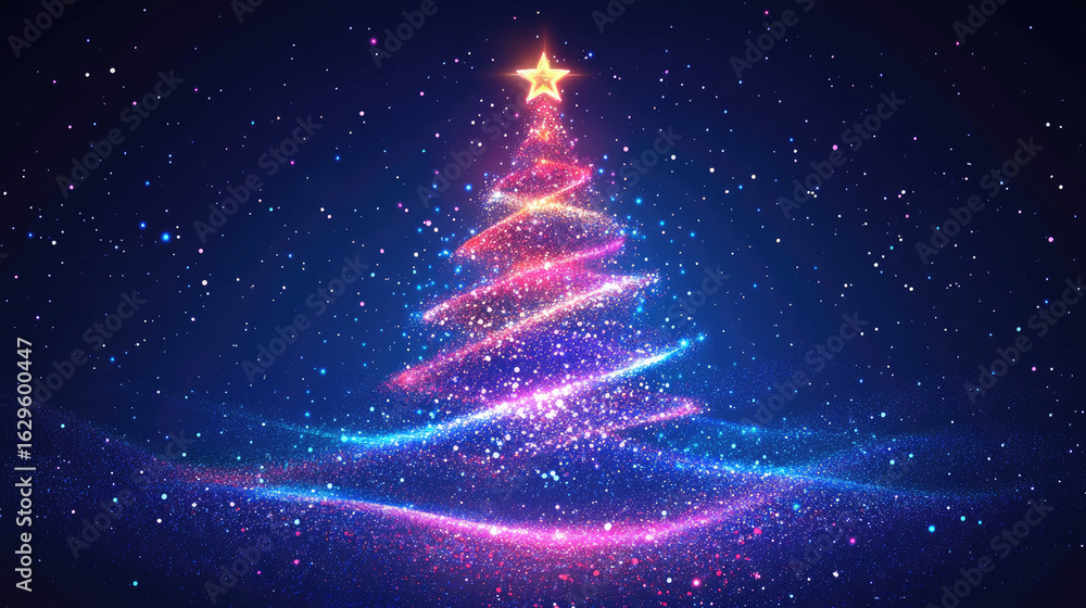 Aufkleber futuristic neon christmas tree on glowing background with empty space for text or product display, p