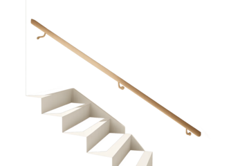 Minimal white stairs with wooden handrail on gray transparent background in clean modern style