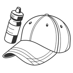Stylized black and white illustration of a baseball cap and a water bottle on a white background