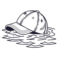 Stylized black and white illustration of a baseball cap floating on wavy water