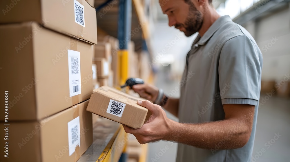 Poster warehouse worker scanning barcodes on boxes with handheld device