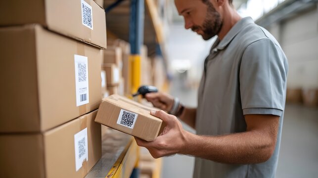 Warehouse worker scanning barcodes on boxes with handheld device