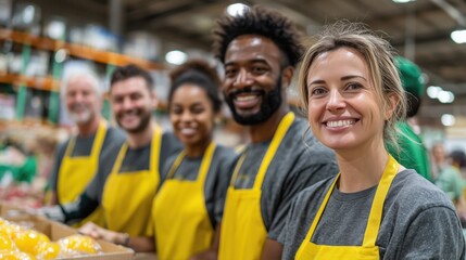 Hunger Action Month. Banner image showing a group of diverse volunteers in matching shirts organizing food donations, smiling, teamwork, warehouse background