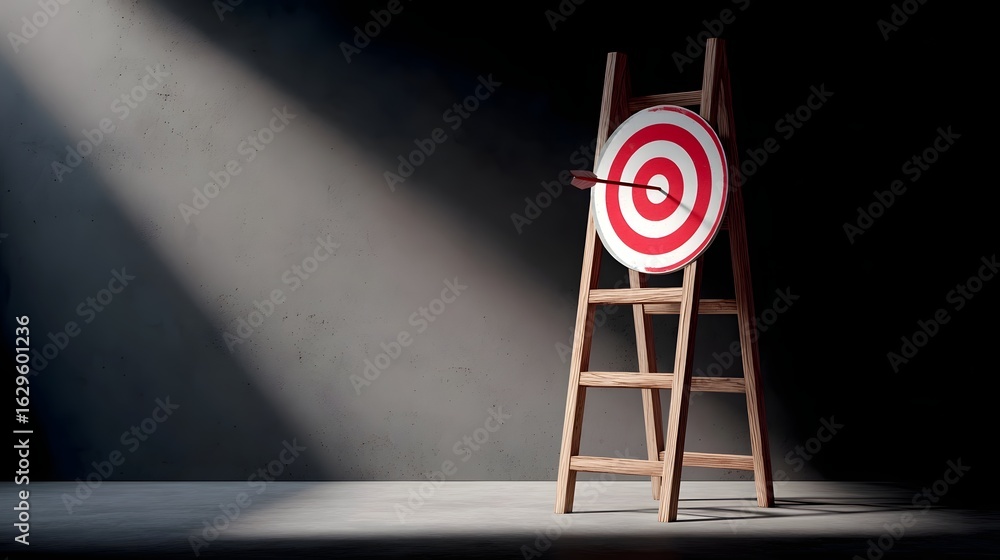 Poster Ladder leading to a bullseye target with an arrow in the center