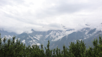 The View of India's Most Scenic and Beautiful Mountain Village Kalpa with Kinnaur Kailash Mountain In Background, Kinnaur Valley, Himachal Pradesh, India.