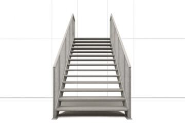 Gray metallic stairs with decorative railings and frontal perspective on gray transparent background