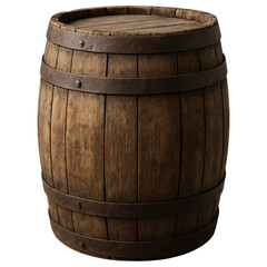 Obraz premium Rustic Wooden Barrel with Metal Bands on a Transparent Background for Vintage or Farmhouse Decor