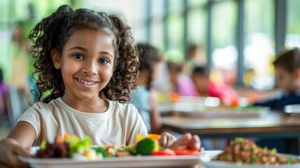 Hunger Action Month. a young diverse child sitting at school cafeteria table with a nutritious meal tray, bright natural lighting from large windows