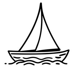 Simple black and white line drawing of a sailboat on water with a single mast and two sails design
