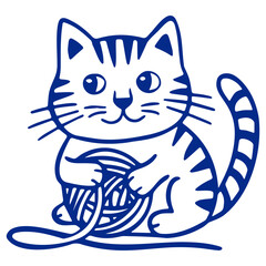 Illustration of a blue outlined cat with stripes playing with a ball of yarn in a playful manner