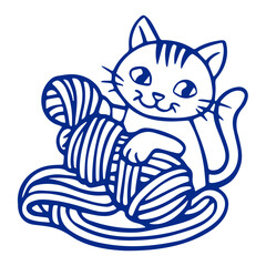 Illustration of a playful kitten with stripes playing with a ball of yarn and loose strands around it