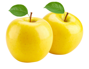 Two Yellow Apples with Leaf, Angled Composition and Soft Shadow, Fresh Fruit Mockup, Isolated