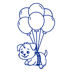 A cartoon dog being lifted by a bunch of balloons tied to a harness with a blue outline drawing style