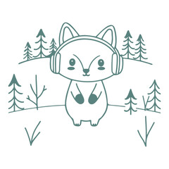 Cute fox wearing headphones standing in a winter forest with trees and snow covered ground illustration
