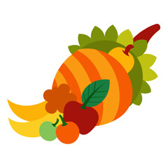 Stroked cornucopia overflowing with autumnal fruits and vegetables food vector on white background.